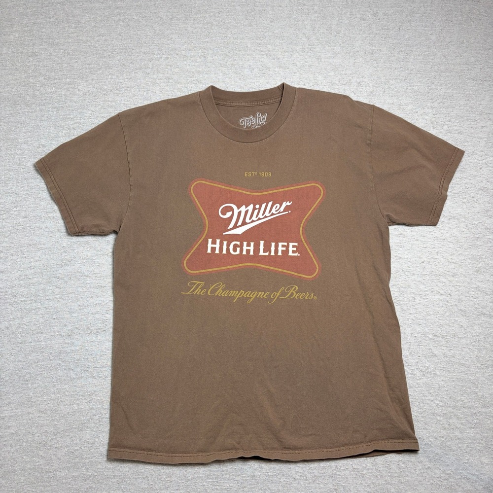 Tee Luv Mens Miller High Life T-Shirt Large Brown Graphic Beer Logo Short Sleeve